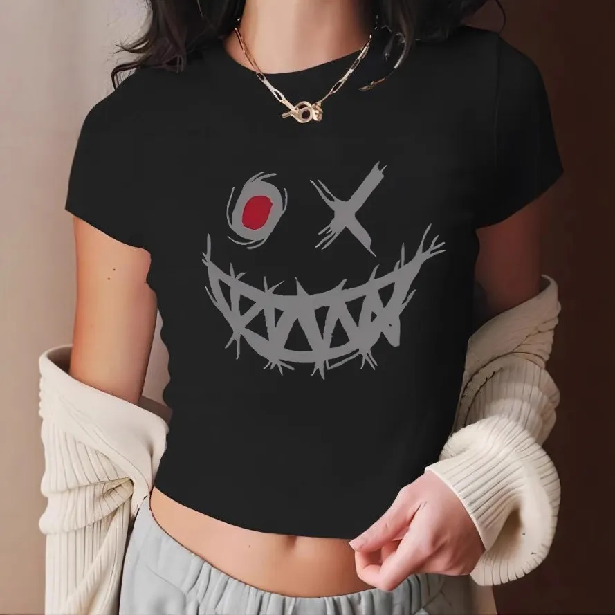 Women Fashion Sexy Gothic Smiley Printed Short-Sleeve Slim-Fit Crop Top