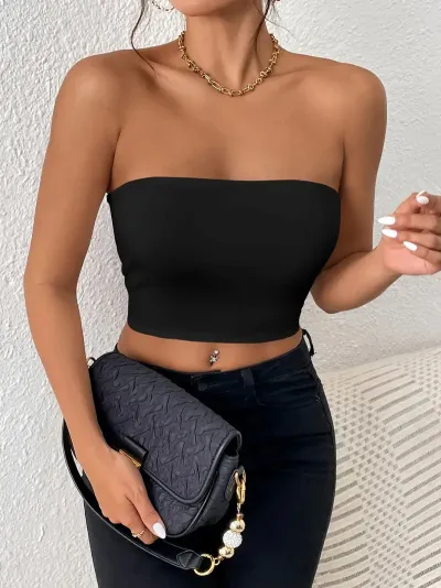 Women Fashion Sexy Solid Color Slim Fit Strapless Tube Top