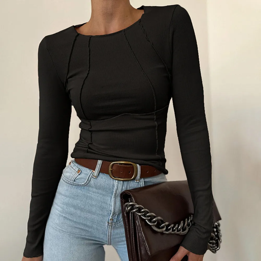 Women Fashion Casual Solid Color Thread Knit Long-Sleeve Crewneck T-Shirt