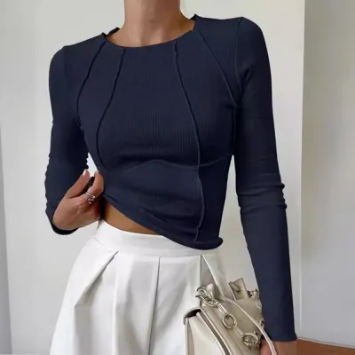 Women Fashion Casual Solid Color Thread Knit Long-Sleeve Crewneck T-Shirt