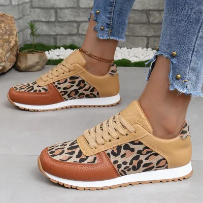 Women Fashion Casual Leopard Stitching Lace-Up Sneakers