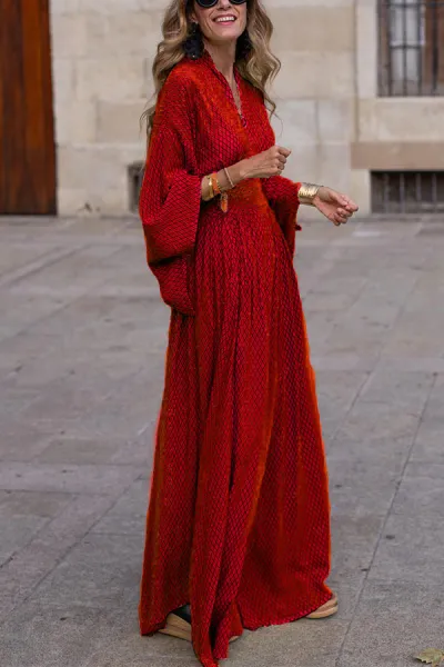 Women Fashion Casual Geometric Pattern V-Neck Long-Sleeve Loose Maxi Dress