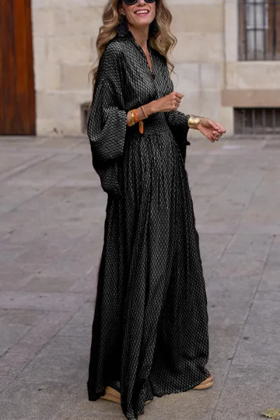Women Fashion Casual Geometric Pattern V-Neck Long-Sleeve Loose Maxi Dress