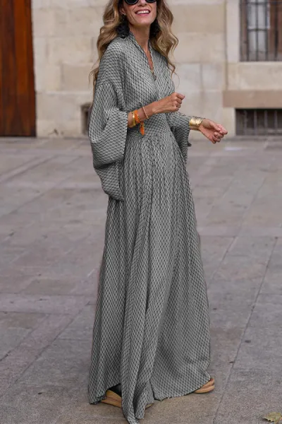 Women Fashion Casual Geometric Pattern V-Neck Long-Sleeve Loose Maxi Dress