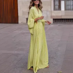 Women Fashion Casual Geometric Pattern V-Neck Long-Sleeve Loose Maxi Dress