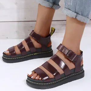 Women Casual Solid Color Strap Platform Sandals PU Round Toe