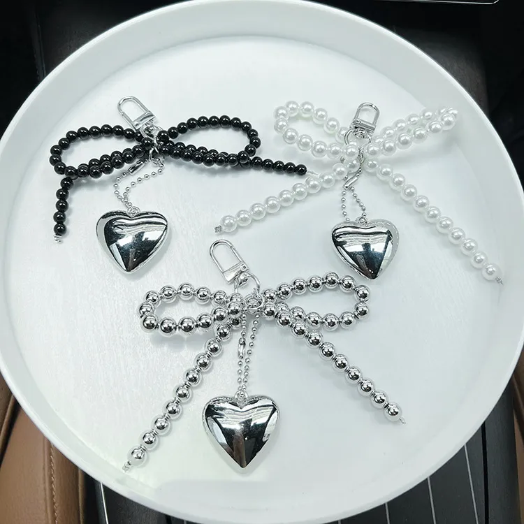 Fashion Creative Love Beads Bowknot Pendant Keychain
