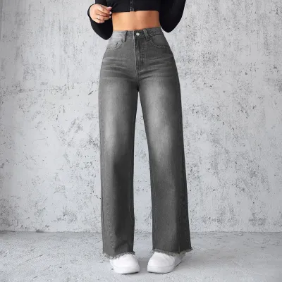 Women Fashion Casual Straight Wide-Leg Jeans