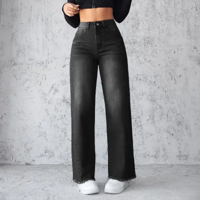 Women Fashion Casual Straight Wide-Leg Jeans