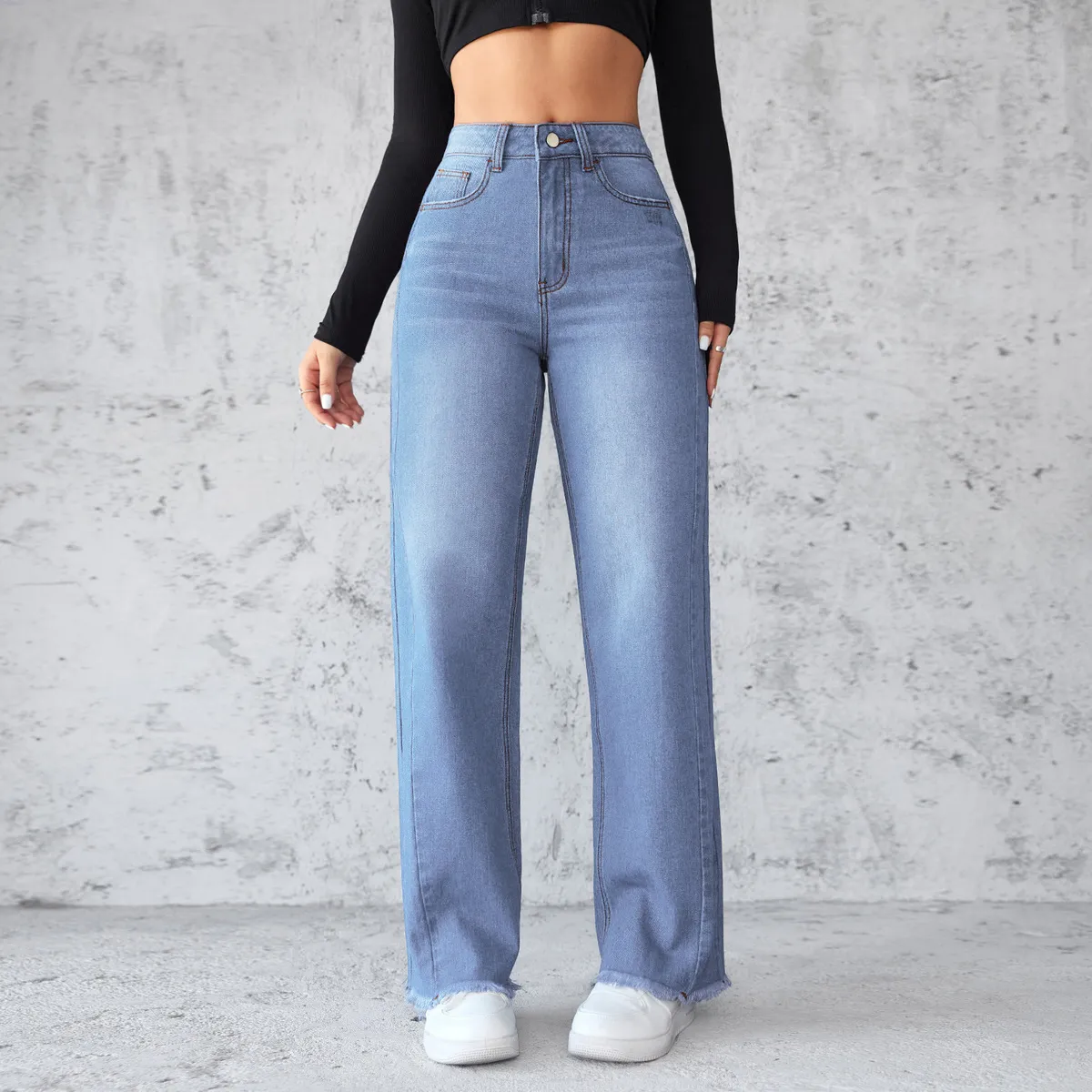 Women Fashion Casual Straight Wide-Leg Jeans