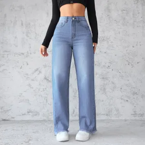 Women Fashion Casual Straight Wide-Leg Jeans