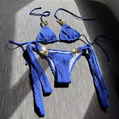 Women Fashion Sexy Solid Color Halter-Neck Lace-Up Chain Bikini Swimsuit