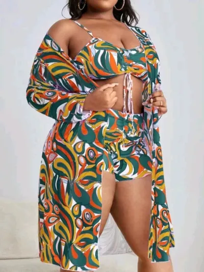 Women Fashion Sexy Plus Size Geometric Pattern Printed Swimsuit Three-Piece Set