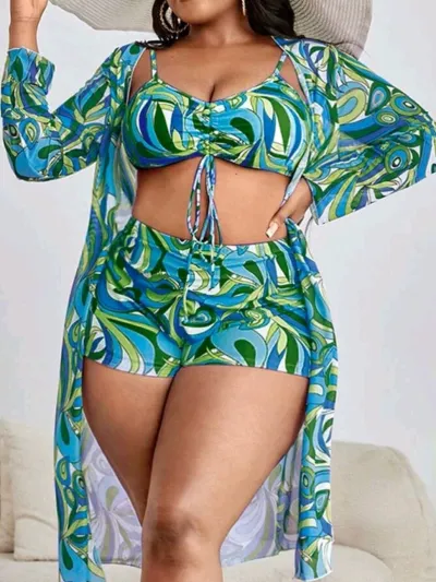 Women Fashion Sexy Plus Size Geometric Pattern Printed Swimsuit Three-Piece Set