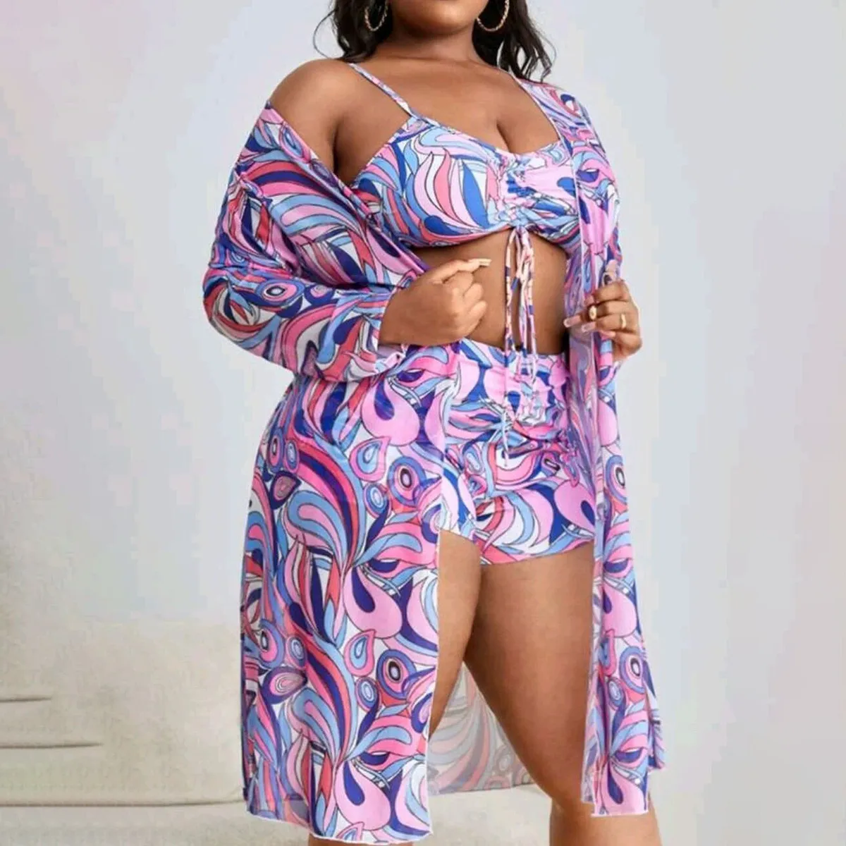 Women Fashion Sexy Plus Size Geometric Pattern Printed Swimsuit Three-Piece Set