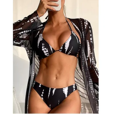 Women Fashion Sexy Printed Mesh Long-Sleeve Halter-Neck Lace-Up Bikini Swimsuit Three-Piece Set