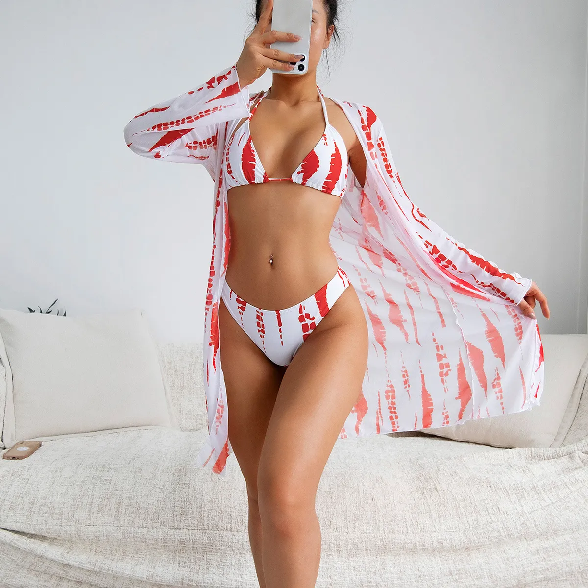 Women Fashion Sexy Printed Mesh Long-Sleeve Halter-Neck Lace-Up Bikini Swimsuit Three-Piece Set