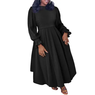 Women Plus Size Elegant Solid Color Long-Sleeve Pleated Loose Dress