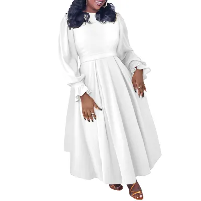 Women Plus Size Elegant Solid Color Long-Sleeve Pleated Loose Dress