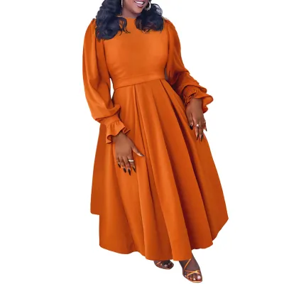 Women Plus Size Elegant Solid Color Long-Sleeve Pleated Loose Dress