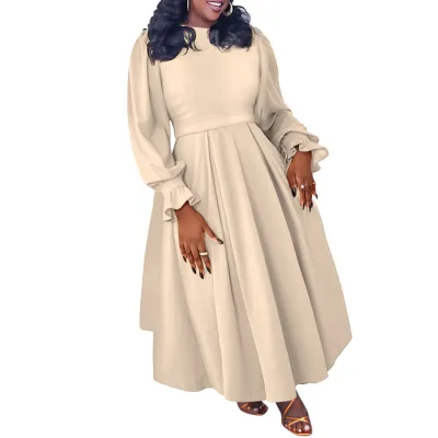Women Plus Size Elegant Solid Color Long-Sleeve Pleated Loose Dress
