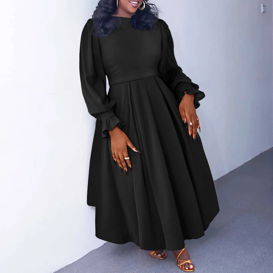 Women Plus Size Elegant Solid Color Long-Sleeve Pleated Loose Dress