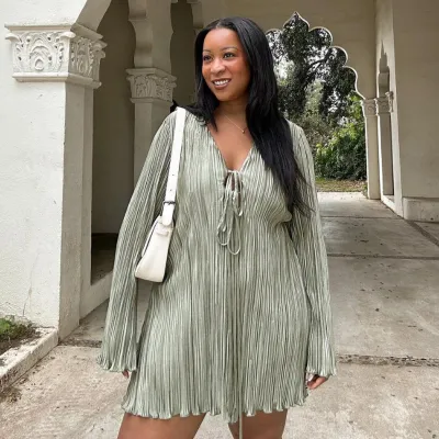 Women Fashion Casual Plus Size Solid Color Stripe Long Sleeve Lace-Up Dress