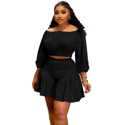 Women Plus Size Casual Long-Sleeve Crop Top Pleated Shorts Two-Piece Set