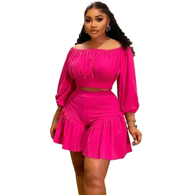 Women Plus Size Casual Long-Sleeve Crop Top Pleated Shorts Two-Piece Set