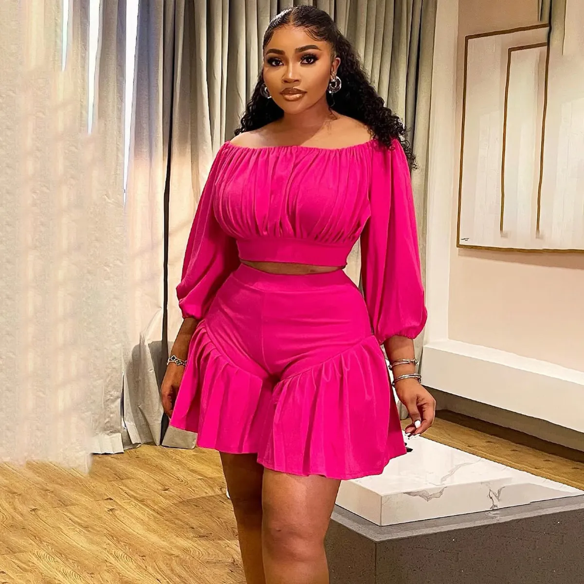 Women Plus Size Casual Long-Sleeve Crop Top Pleated Shorts Two-Piece Set