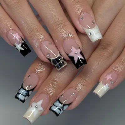 Women Fashion Five-Pointed Star Rhinestone Medium Long Art Fake Nail