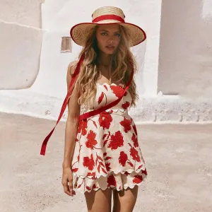 Women Casual Linen Floral Printed Wavy Edge Tube Top Loose Shorts Two-Piece Set