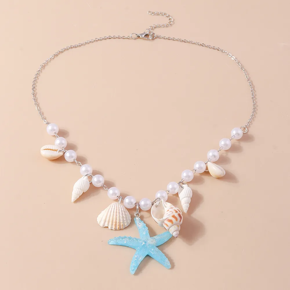 Women Fashion Vacation Pearl Conch Sea Star Pendant Necklace