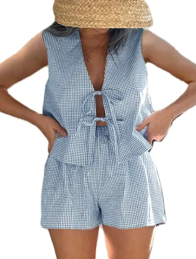 Women Casual Solid Color Plaid Lace-Up Tank Top Loose Short Two-Piece Set