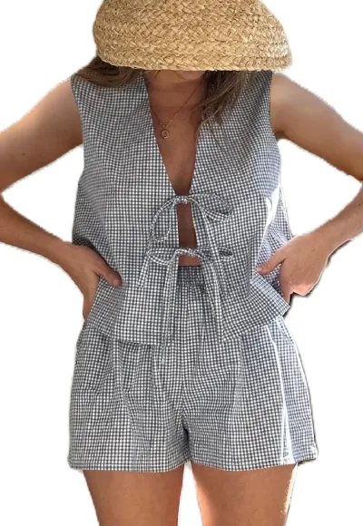 Women Casual Solid Color Plaid Lace-Up Tank Top Loose Short Two-Piece Set