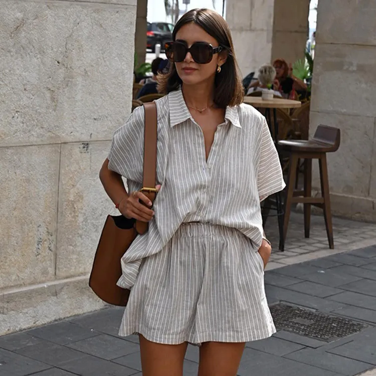 Women Casual Stripe Lapel Short-Sleeve Top Loose Shorts Two-Piece Set