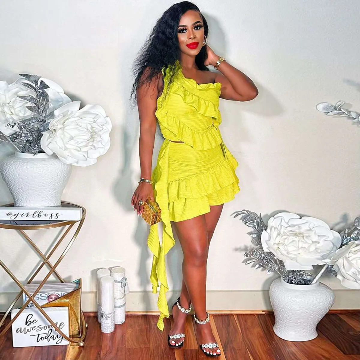 Women Fashion Sexy Solid Color Slanted Shoulder Ruffled Top Tassel Skirt Two-Piece Set