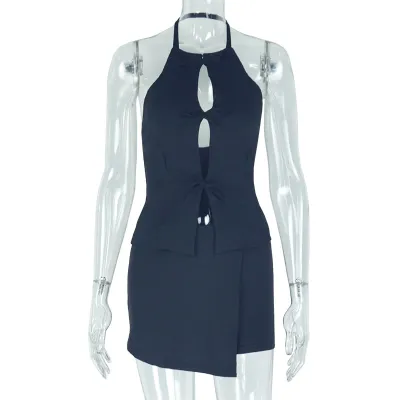 Women Fashion Sexy Solid Color Hollow-Out Sleeveless Top Pleated Irregular Skirt Two-Piece Set