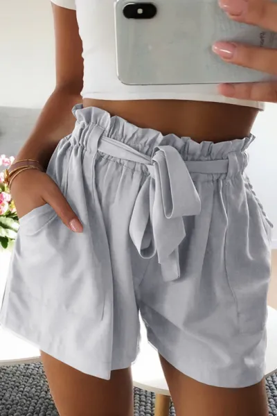 Women Fashion Casual Solid Color Pleated Elastic Wide Leg High Waist Shorts