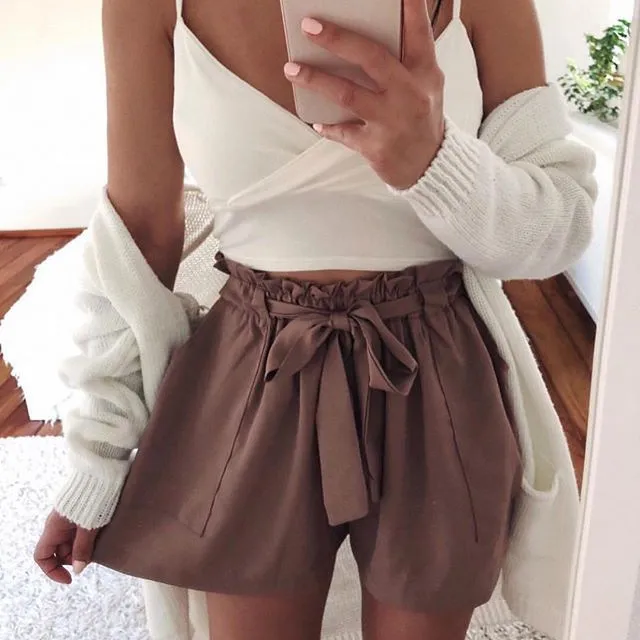 Women Fashion Casual Solid Color Pleated Elastic Wide Leg High Waist Shorts