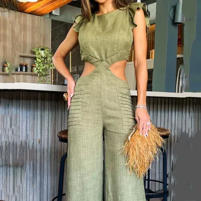 Women Casual Solid Color Round Neck Ruffled Hollow-Out Loose Jumpsuits
