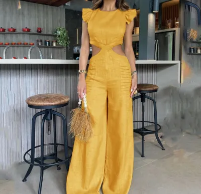 Women Casual Solid Color Round Neck Ruffled Hollow-Out Loose Jumpsuits
