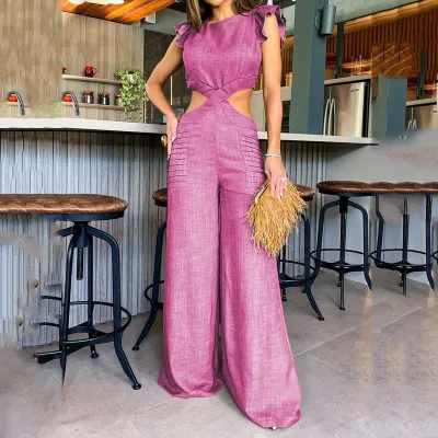 Women Casual Solid Color Round Neck Ruffled Hollow-Out Loose Jumpsuits