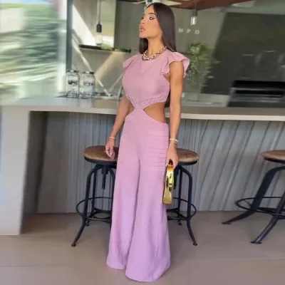 Women Casual Solid Color Round Neck Ruffled Hollow-Out Loose Jumpsuits