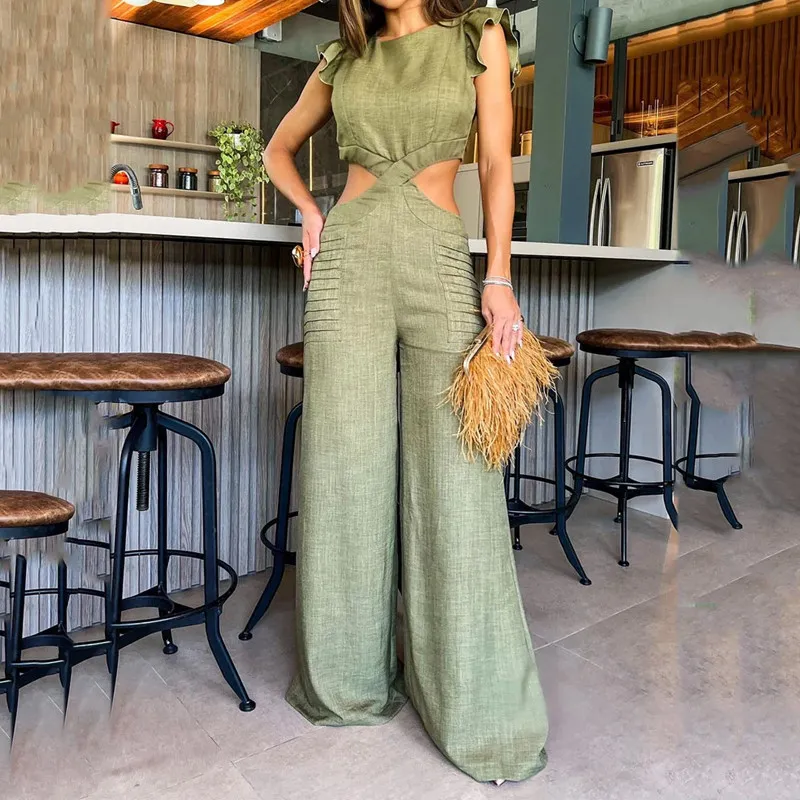 Women Casual Solid Color Round Neck Ruffled Hollow-Out Loose Jumpsuits