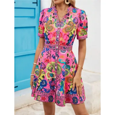 Women Casual Vacation Print V-Neck Bubble Sleeve Loose Dress