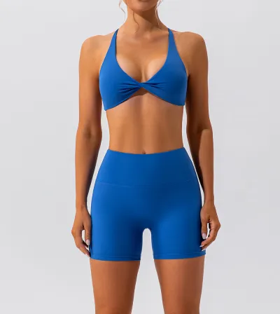 Women's Halter-Neck Backless Crop Top and Tight Shorts Quick-Drying Yoga Sports Two-Piece Set