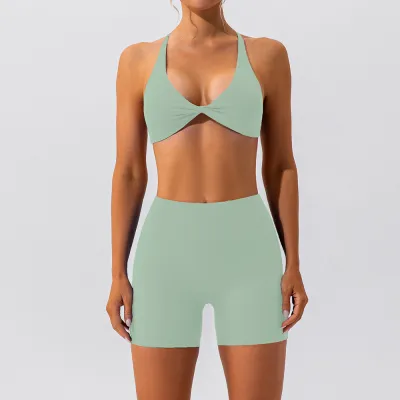 Women's Halter-Neck Backless Crop Top and Tight Shorts Quick-Drying Yoga Sports Two-Piece Set