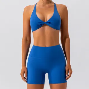 Women's Halter-Neck Backless Crop Top and Tight Shorts Quick-Drying Yoga Sports Two-Piece Set