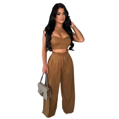 Women Fashion Sexy Solid Color Camisole Wide-Leg Pants Two-Piece Set